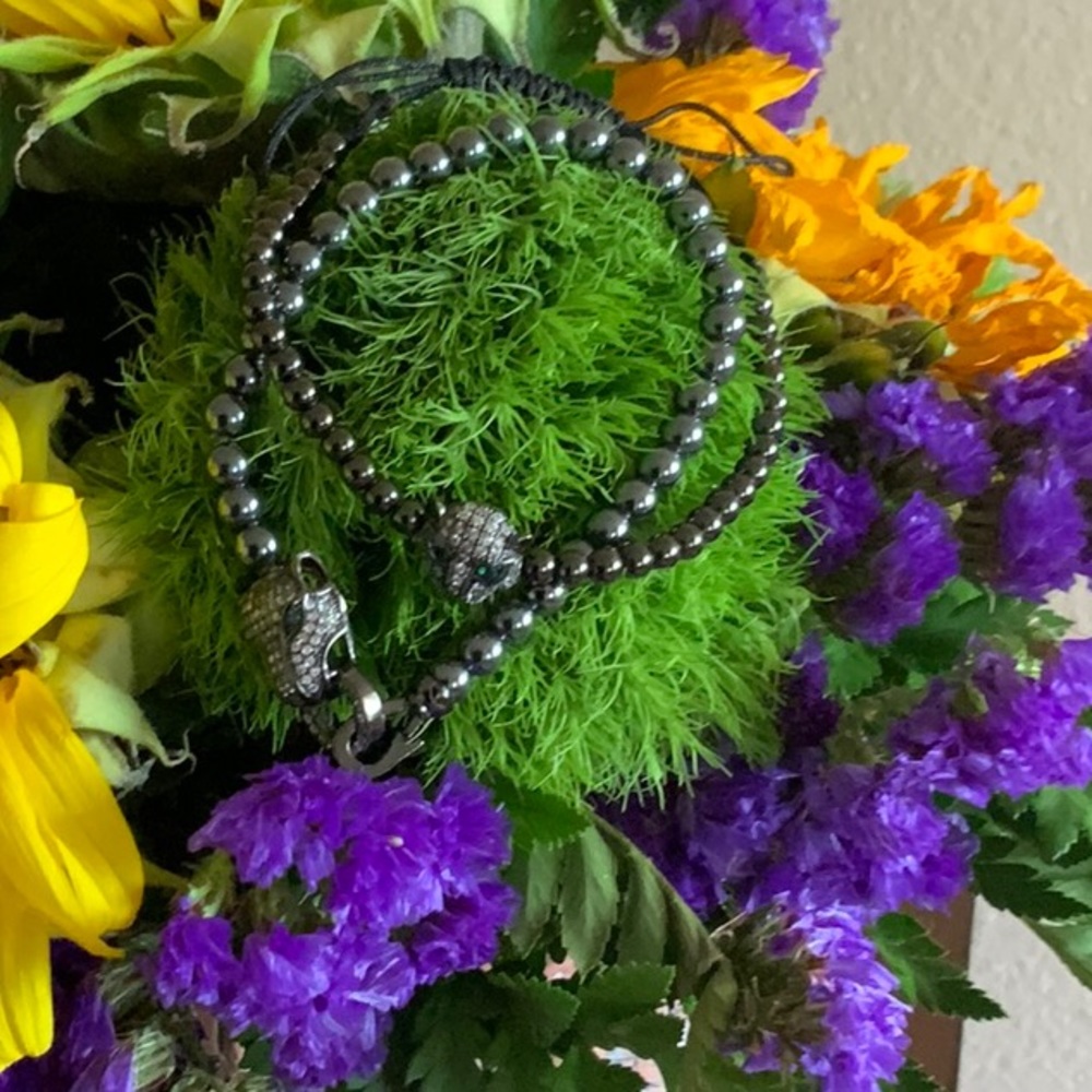 Set of 2 Hematite Beaded Jaguar Bracelets